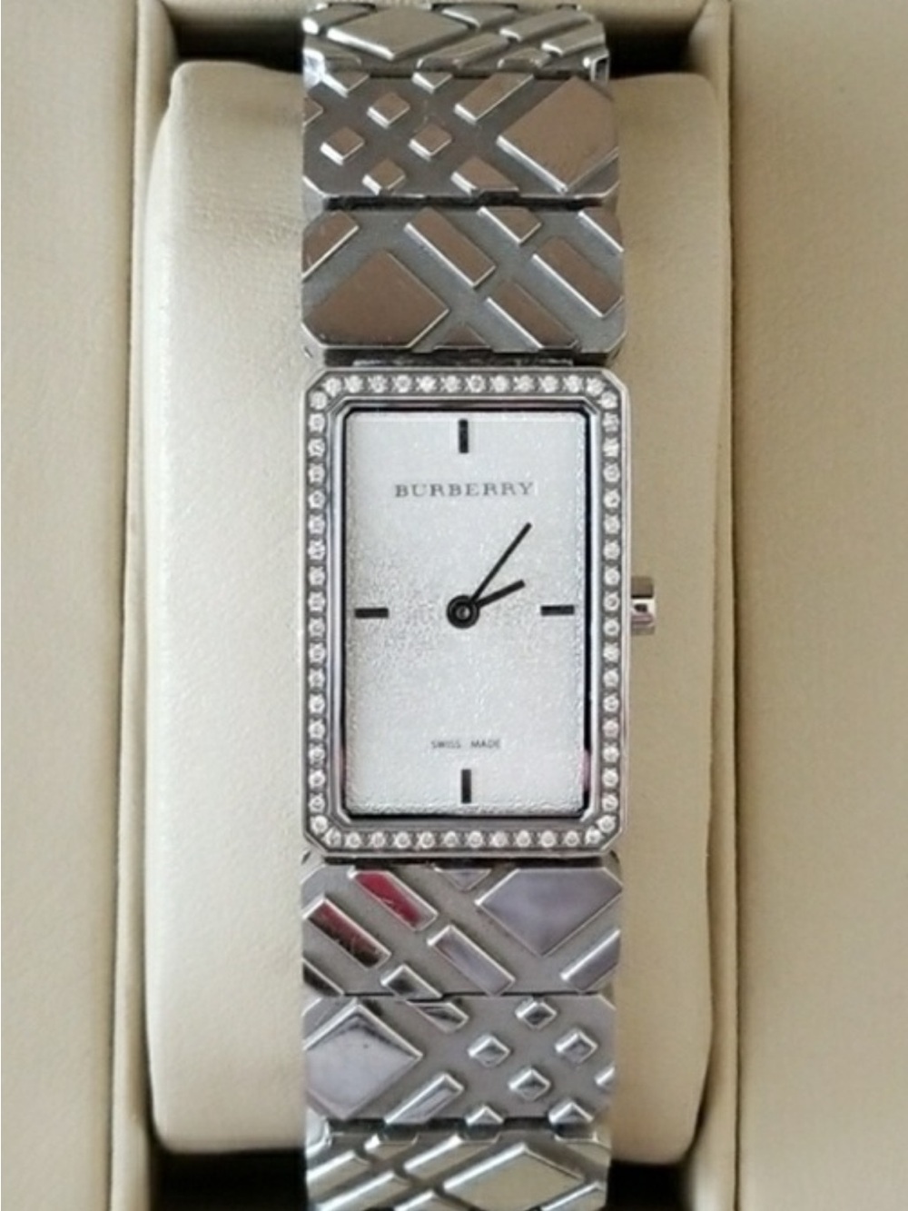 Burberry Silver Rectangular Crystal-Trim Bracelet Watch